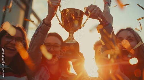 Office workers rejoicing over a major project win, holding a golden trophy with a warm sunset light effect in the background