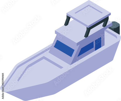 Stylized isometric vector illustration of a modern speedboat navigating the ocean, showcasing high technology and contemporary marine design for leisure and recreational water travel