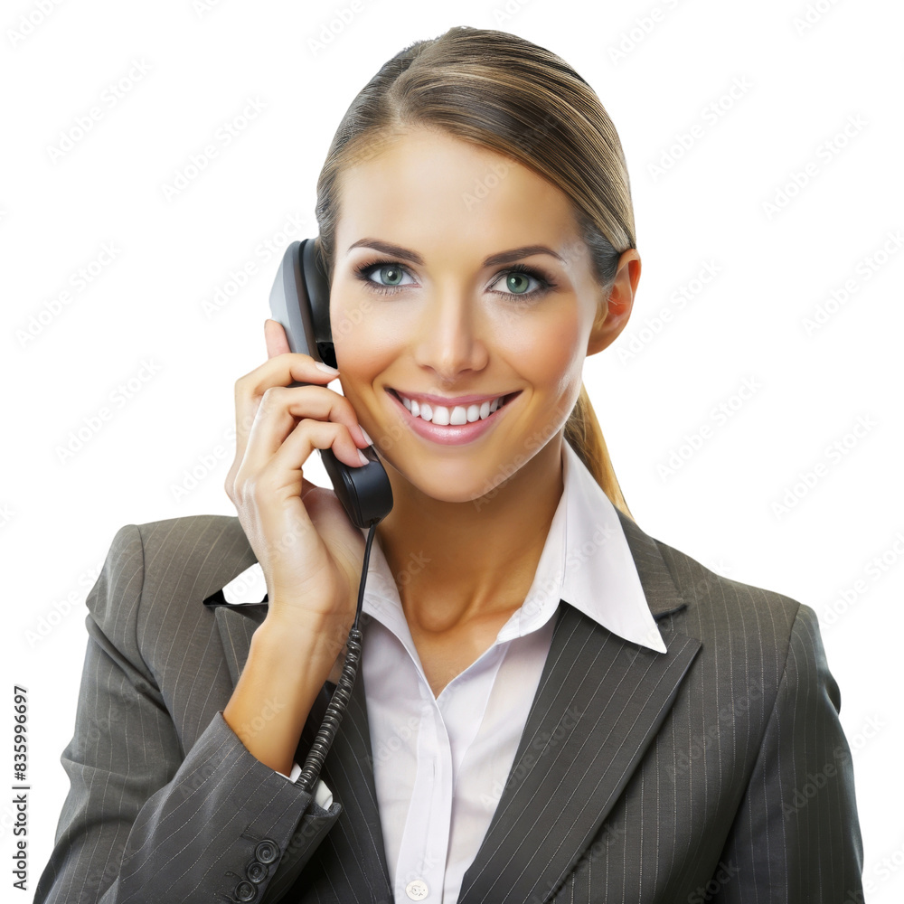 Professional businesswoman in a suit smiling while talking on the phone, depicting communication and corporate environment. Professional businesswoman in a suit smiling while talking on the phone, depicting communication and corporate environment.
