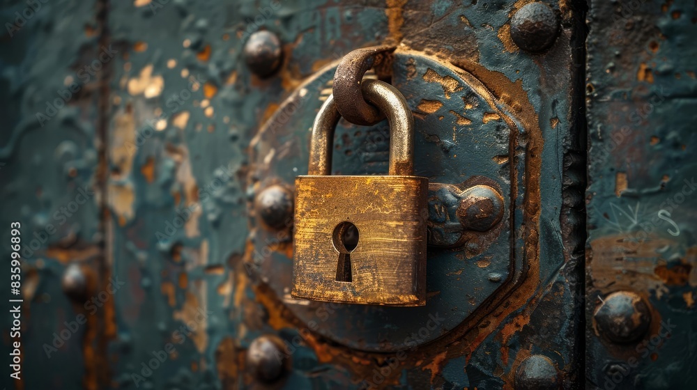 Close-up of an old, rusted padlock on a weathered blue door, symbolizing security, history, and rustic charm. Close-up of an old, rusted padlock on a weathered blue door, symbolizing security, history, and rustic charm.