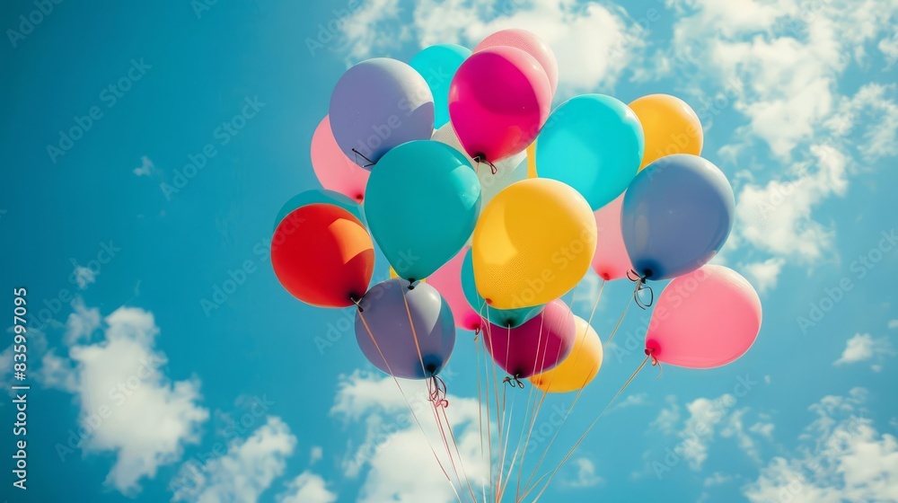 Colorful balloons floating in a clear blue sky with fluffy clouds, creating a vibrant and joyful summer scene. Colorful balloons floating in a clear blue sky with fluffy clouds, creating a vibrant and joyful summer scene.