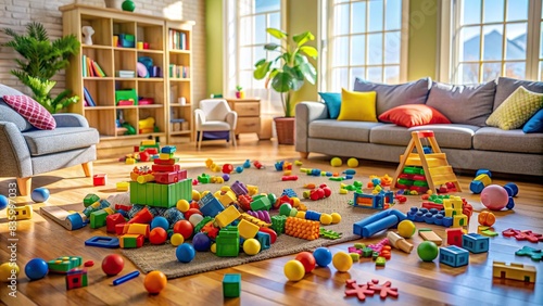 Colorful toys scattered on the floor of a cozy living room , toys, playtime, family bonding, childhood, development, parenting, home, fun, happiness, leisure, childhood memories