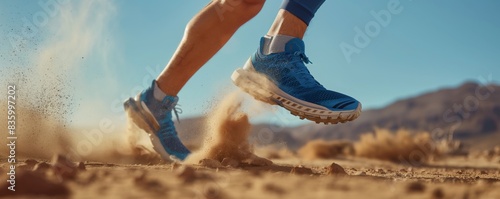 Close-up of a man's feet clad in blue joggers as he runs in a desert, with swirling dust particles photo