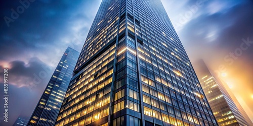 Tall building with sleek glass windows standing against a foggy sky, illuminated by forbidding lights , tall, building, sky, lights, fog, glass, sleek, eerie, forbidding, windows, ratio photo
