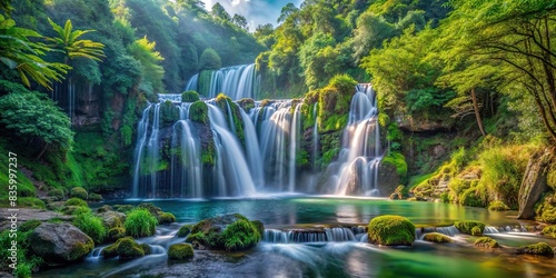 Scenic waterfall surrounded by lush forest , nature, tranquil, fresh, cascade, trees, serene, stream, wilderness, flowing, outdoors, greenery, beauty, peaceful, scenic, landscape © Sangpan