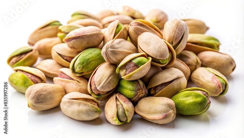 Close-up shot of pistachio nuts scattered on a white background, pistachios, nuts, snack, food, healthy, organic, natural, shell, green, tasty, nutty, diet, ingredient, culinary, vegetarian