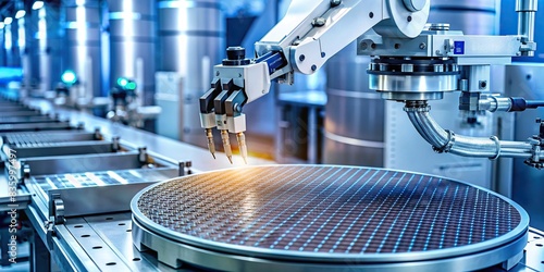Robotic arm handling silicon wafers in a semiconductor manufacturing line, technology, automation, robotics, industry, machinery, manufacturing, production, semiconductor, computer chip, fab photo