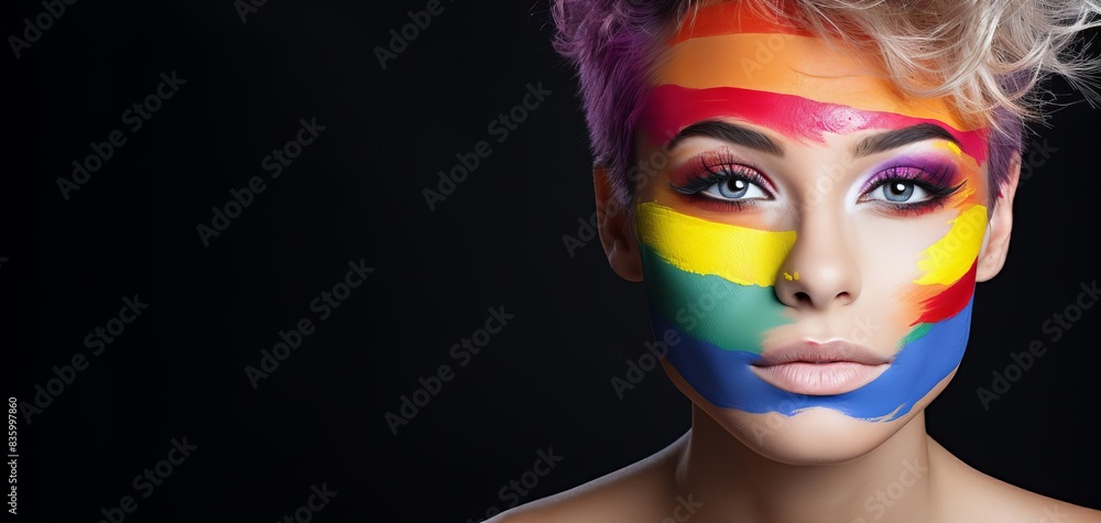 Close-up of a woman's face painted, celebrating Pride Festival on black background. Close-up of a woman's face painted, celebrating Pride Festival on black background.