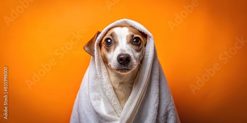 Amusing and unconventional photograph of a dog with a white towel wrapped around against an orange backdrop, face blurred , dog, towel, cute, pet, funny, orange, backdrop, humor © Sangpan