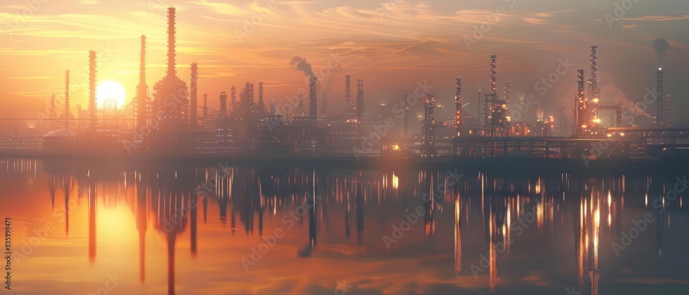 Fototapeta premium Vast Oil Refinery at Dawn 3D Rendering of a Clear Morning with Industrial Details