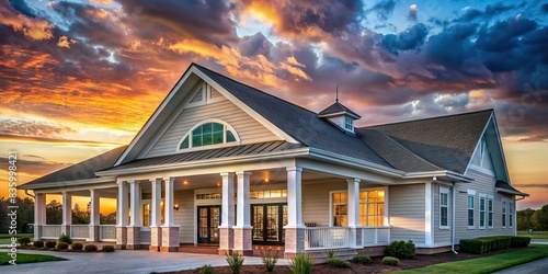 New construction community club house with white covered porch, gable roof with semi circle window, and dramatic sunset sky , architecture, building, neighborhood, peaceful, tranquil photo