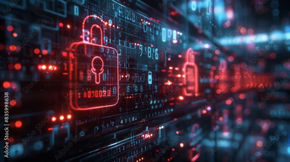 Digital padlocks and binary code depicting cybersecurity and data protection in a secure network environment. Digital padlocks and binary code depicting cybersecurity and data protection in a secure network environment.