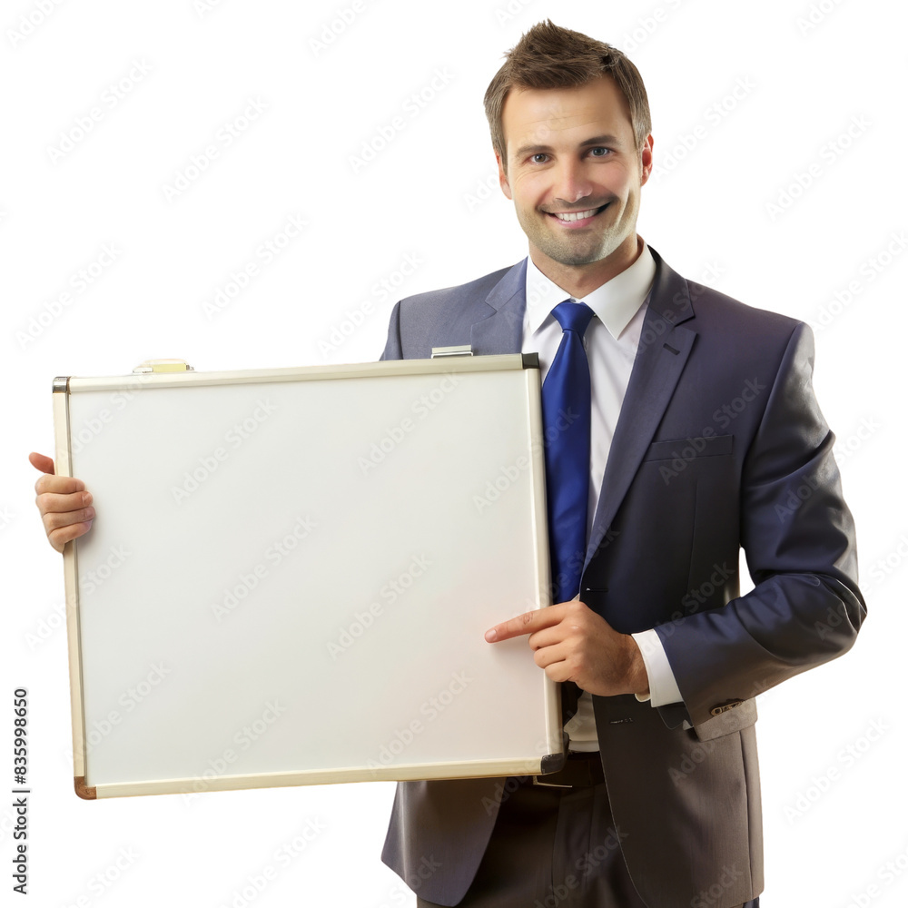 Smiling businessman in suit holding and pointing at blank whiteboard, ready for text or message. Professional presentation concept. Smiling businessman in suit holding and pointing at blank whiteboard, ready for text or message. Professional presentation concept.