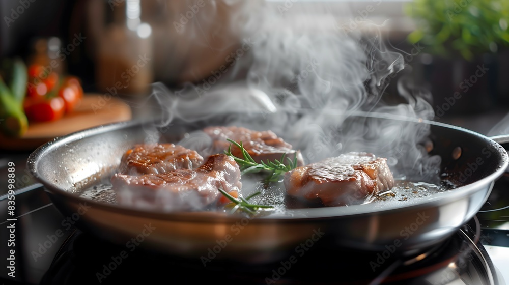 Sizzling Steak with Steam in a Stainless Steel Frying Pan Sizzling Steak with Steam in a Stainless Steel Frying Pan