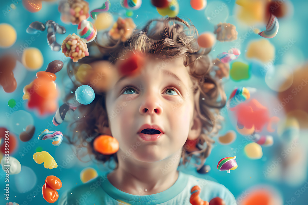  A child surrounded by floating toys and candy, capturing a magical and whimsical moment.