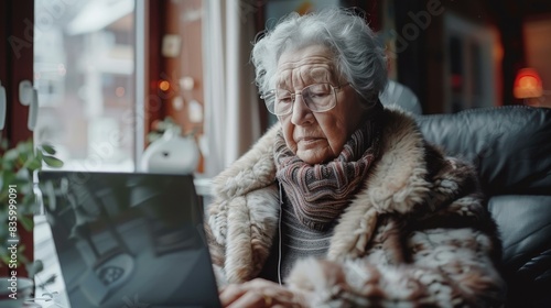 Senior Woman with Digital Literacy and online shopping and communication skills, using laptop at home.