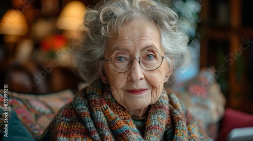 Senior European woman gray hair wearing eye glasses sitting in the living room at home in a winter season with soft background.