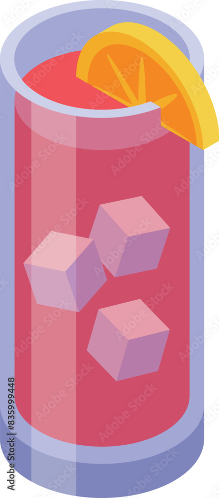 Fototapeta premium Isometric vector illustration of a refreshing cocktail with ice cubes and lemon garnish