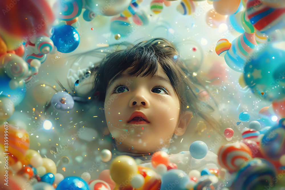 A child surrounded by floating toys and candy, capturing a magical and whimsical moment. A child surrounded by floating toys and candy, capturing a magical and whimsical moment.