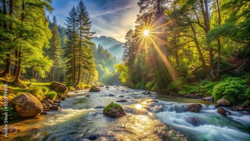 Tranquil mountain river flowing through lush forest with sunlight illuminating scene , Nature, river, forest, trees, sunlight, peaceful, serene, tranquil, beautiful, landscape, water, green photo