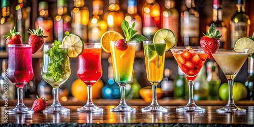 Vibrant cocktails lined up on a bar with fresh fruit garnishes , cocktails, bar, backlit, vibrant, colorful, drinks, alcohol, fresh fruit, garnish, mixology, nightlife, party, beverages photo