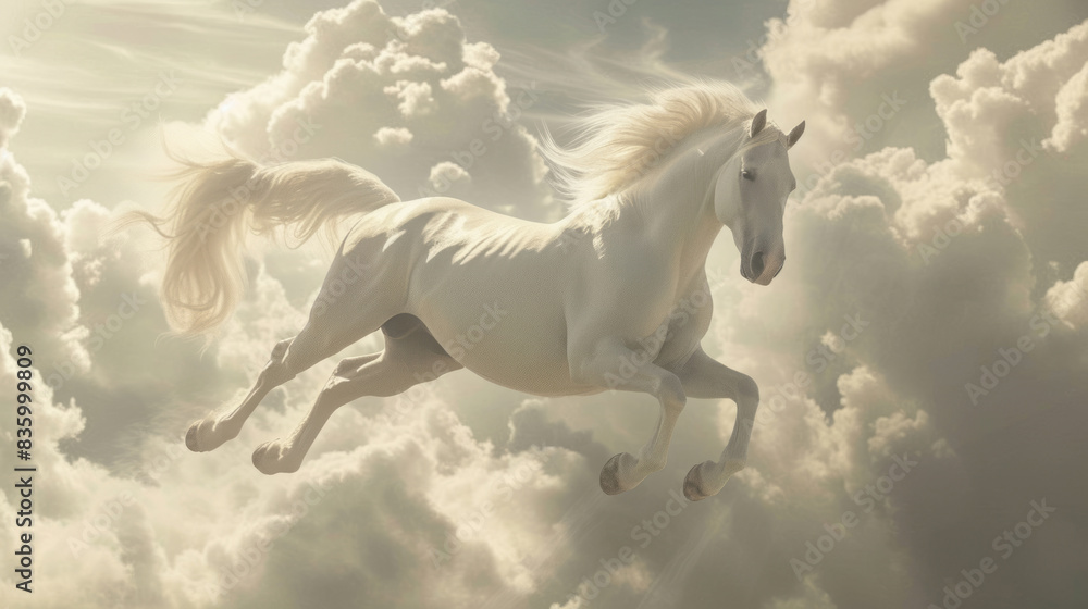 A white horse flying through the sky with clouds, with a sleek metallic finish. A white horse flying through the sky with clouds, with a sleek metallic finish.