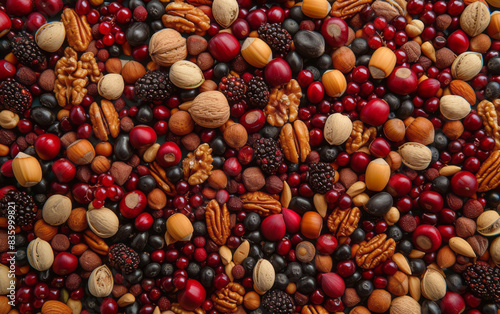 An assortment of nuts and berries is presented, packed with hidden details, in light yellow and dark red, with strong contours and an expansive layout.