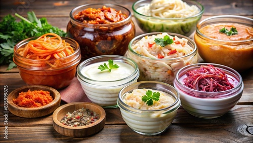 Close-up of assorted fermented foods including yogurt, kimchi, and sauerkraut on a wooden table, probiotics, gut health, fermented vegetables, dairy products, healthy eating © Woonsen