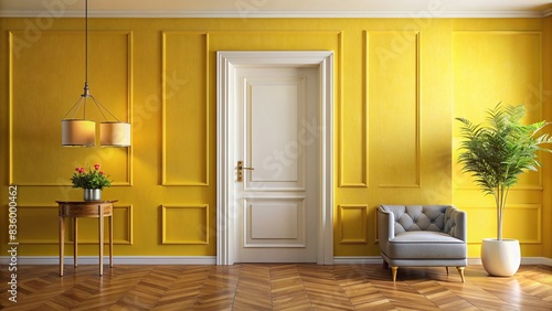 Yellow room interior with classic door and modern design, yellow, wall, empty, mockup, entrance, room, architecture, interior, classic door, modern design, space, bordered, open, empty © guntapong