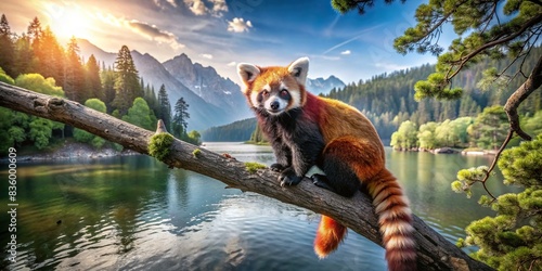 Red panda perched on a tree with a scenic background of lake and mountains, nature, wildlife, red panda, tree, lake, mountains, scenery, tranquil, peaceful, serene, landscape, outdoor, beauty photo