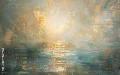 Abstract oil painting of misty morning sun on water,golden light reflection,copy space,web banner.