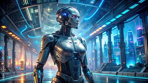 Futuristic cyborg in a hi-tech environment, cyborg, futuristic, technology, robotic, artificial intelligence, sci-fi, machine, digital, futuristic landscape, future, metallic, robot © Sangpan