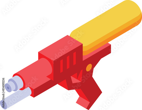 Colorful. Graphic. Isometric toy gun illustration in 2d vector art on a white background. Perfect for kids' play and leisure activities. Promoting harmless and nonviolent creative play with bright