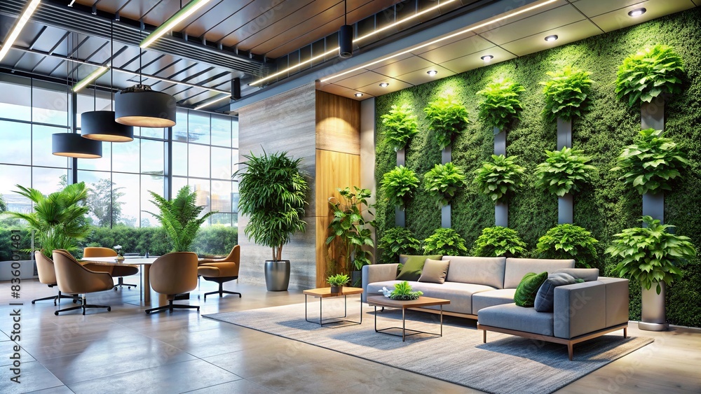 Modern office lobby with sleek furniture, living green wall, and variety of plants in stylish pots , office lobby, sleek furniture, living green wall, plants, cacti, succulents