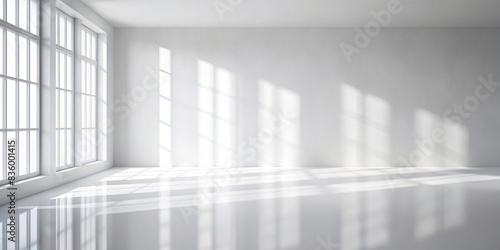 Abstract white studio background for product presentation. Empty room with shadows of window. Display product with blurred backdrop  blank  studio  backdrop  window  shadows