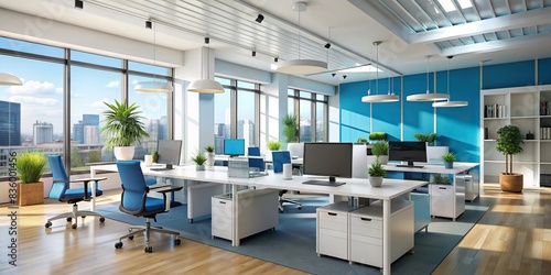 Modern white and blue open space office interior, open space, office, interior design, modern, white, blue, workspace, contemporary, minimalistic, desk, chair, technology, architecture © Sangpan