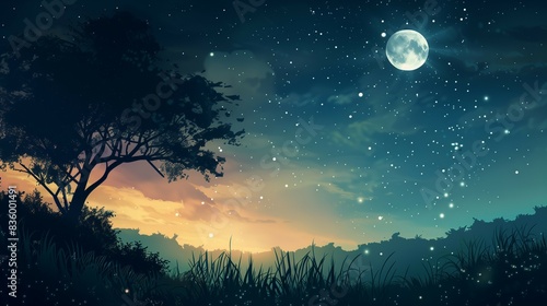 Night sky with stars and moon,landscape with grass field,tree silhouette,fantasy background.