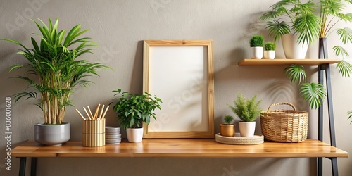 Room interior with mock up photo frame on brown bamboo shelf with beautiful plants  room interior  mockup  photo frame  brown bamboo shelf  plants  interior design  poster mockup
