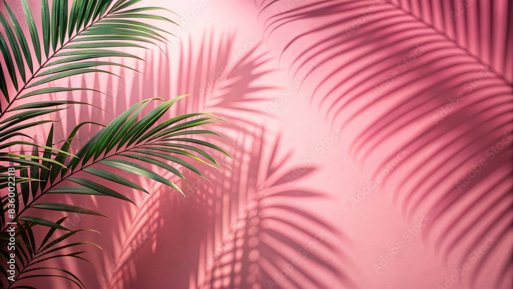 Blurred shadow of palm leaves on pink wall for product presentation, abstract, minimal, background, spring, summer, texture, tropical, nature, sunlight, shadow, design, aesthetic, soft