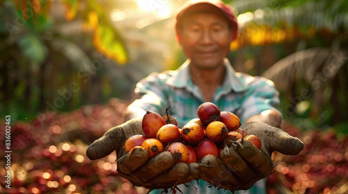 farmer hands holding Oil Palm Fruits after harvesting in the field