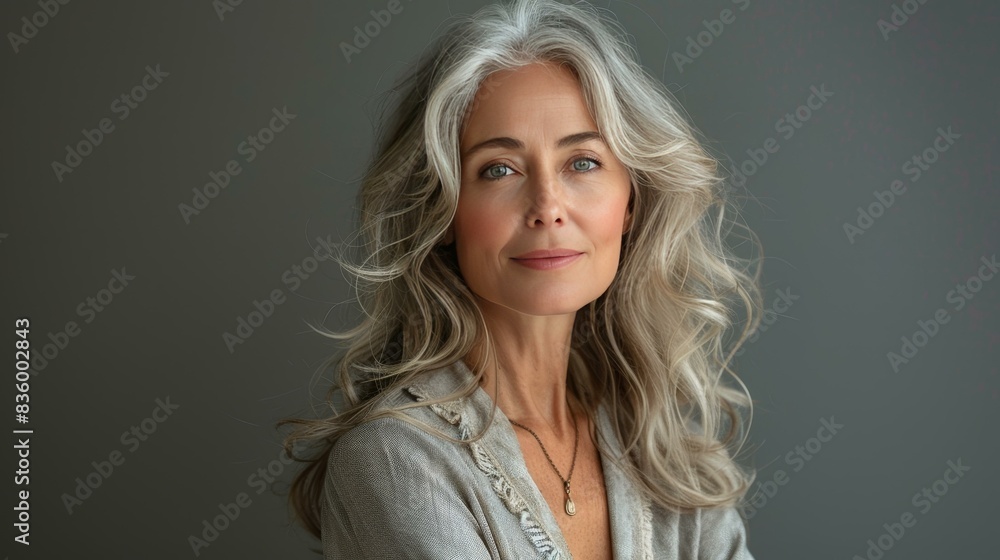 Fototapeta premium Portrait of elegant gray-haired european woman practicing skin care routine, perfect for beauty and anti-aging looking camera on gray plain background.