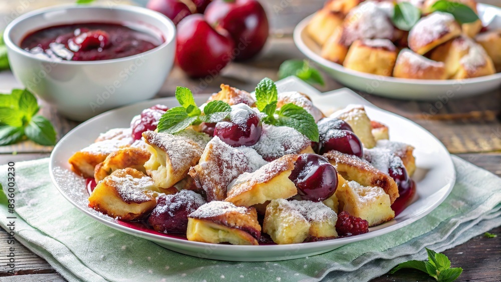 Fluffy Kaiserschmarren with plum compote and powdered sugar on a white plate , dessert, Austrian cuisine, sweet, breakfast, isolated, delicious, food photography, traditional, gourmet