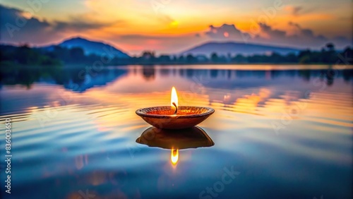 Serene diya lamp floating on a tranquil lake at dusk , peaceful, calm, serene, diya, lamp, floating, tranquil, lake, water, reflection, dusk, evening, peaceful, spiritual, serene, ambiance photo