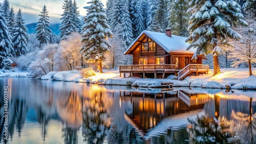 Wooden lake house covered in snow during winter , cabin, lake, snow, cold, cozy, tranquil, serene, nature, forest, trees, peaceful, frozen, white, frost, quiet, solitude, isolated, outdoors