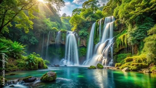 Beautiful waterfall in a lush forest setting  nature  water  flow  cascade  peaceful  serene  greenery  trees  tranquil  stream  rocks  scenery  landscape  outdoor  environment  natural