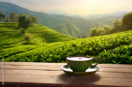 tea cup with green tea leaf on the wooden table and the tea plantations background
