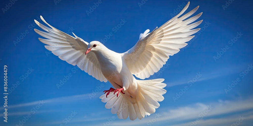 Close-up of a white dove flying against a clear sky, white, pigeon, seagull, flying, clear sky, beautiful, flapping wings, isolated, black background, bird, animal, wildlife, graceful