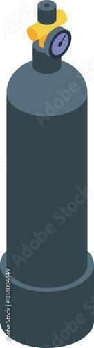 Isometric vector illustration of a grey scuba diving oxygen tank with regulator and valve