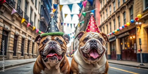 Two cheerful cartoon bulldogs celebrating with party hats in a lively city street setting , bulldogs, cartoon, party hats, city, street, carnival, happy, fun, party atmosphere, celebration photo