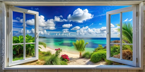 Window with a beautiful beach view featuring bright colors  blue sky  white clouds  and green plants  vacation  travel  summer  beach  window  view  bright colors  blue sky